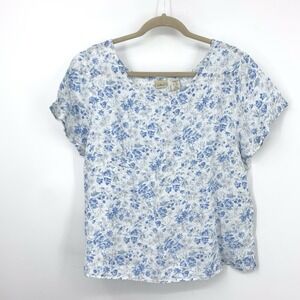 LL Bean Women Size XL Shirt Short Sleeve Top Blue White Floral Print 100% Linen